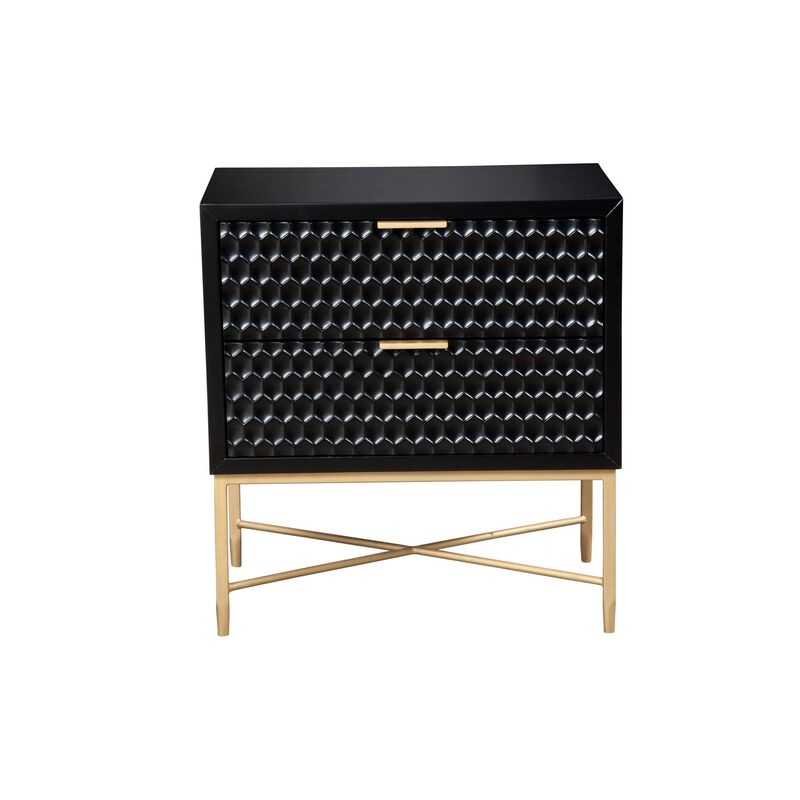 Rexi 26 Inch 2 Drawer Nightstand, Honeycomb, Mahogany Wood, Black, Gold-Benzara