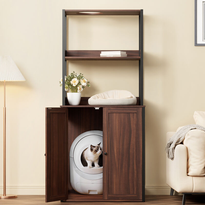 Large Cat Litter Box Enclosure Furniture with Shelves, Cat Washroom Furniture Cat House for Smart Litter Box, in walnut