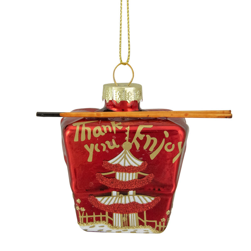 3.5" Red Asian Food Take Out Container Glass Christmas Ornament
