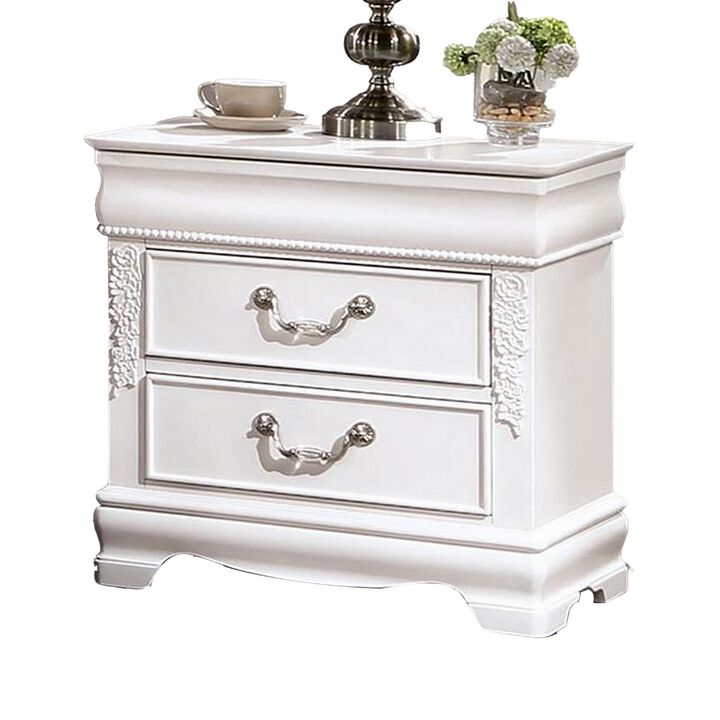 Benjara Aleci 24 Inch Nightstand, 2 Drawers, Carved Details, Solid Wood, White and Nickel