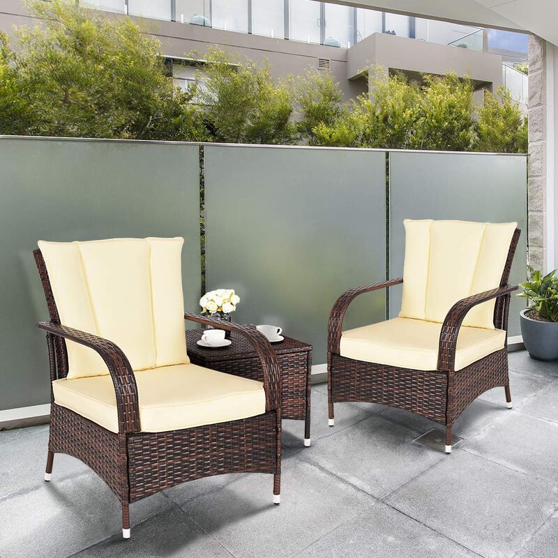 3 Pieces Patio Rattan Conversation Set with Glass Top Coffee Table and Cushions