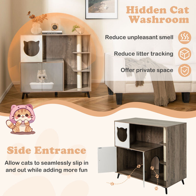 Cat Litter Box Enclosure with 3 Sisal Scratching Posts for Indoor Cats