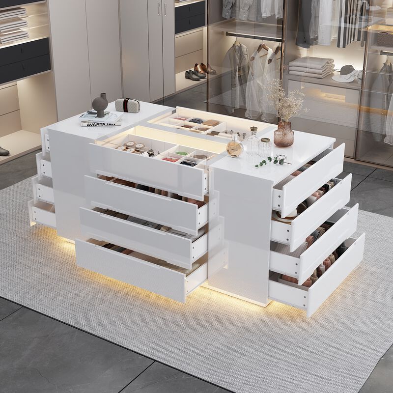Armoire Bedroom Island with LED Light, Glass Tabletop & Storage Organizer, Wardrobe Closet with 16 Handle-Less Drawers, Walk-in Closet Island Dresser for Bedroom Shops, White