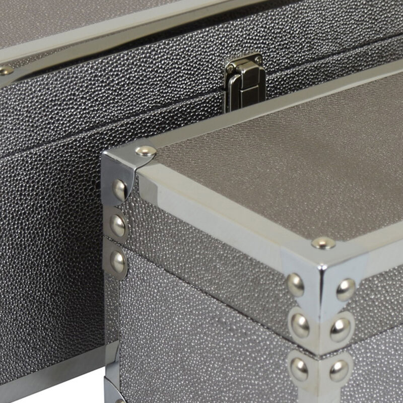 Mecca Storage Box Set of 2, Rivet Accents, Chrome Metal, Silver Wood - Benzara