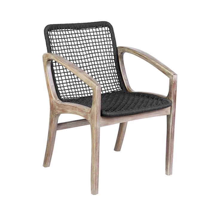 Tira 25 Inch Outdoor Patio Dining Chair, Brown Eucalyptus Frame, Woven Rope - Benzara