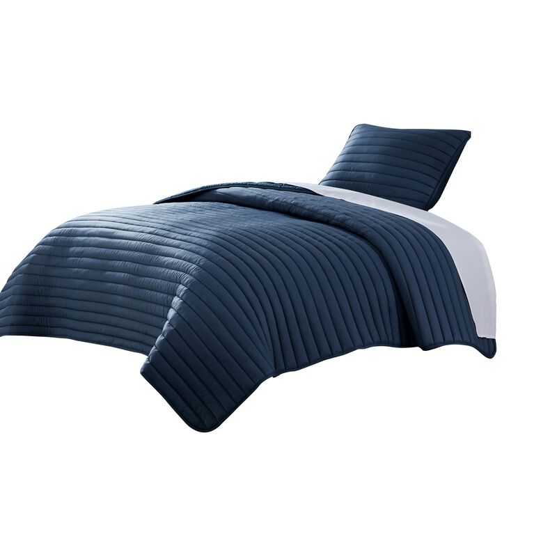 Cabe 2 Piece Twin Comforter Set, Polyester Puffer Channel Quilted Navy Blue - Benzara