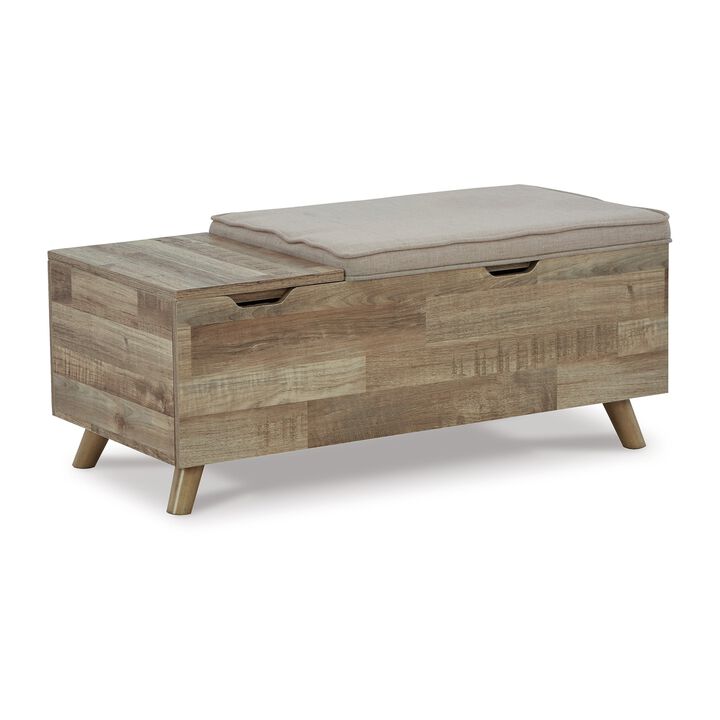 Gimi Storage Bench, Light Brown Wood, Beige Polyester Foam Cushion, 39 Inch - Benzara