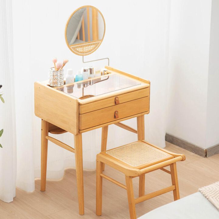 Hivvago Bamboo Makeup Vanity Table with Stool and Rotating Mirror