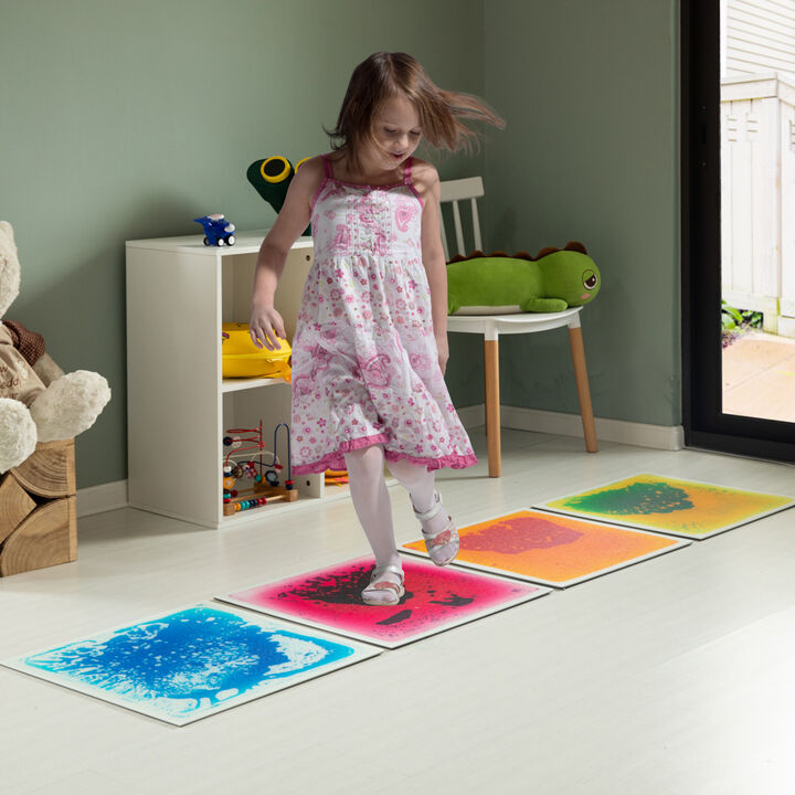 Sensory Liquid Gel Floor Square Tiles, 19.5 x 19.5 Inch Red/Orange, Green/Yellow, Pink/Purple, Blue/White Kids Floor Mat, 4 Pack