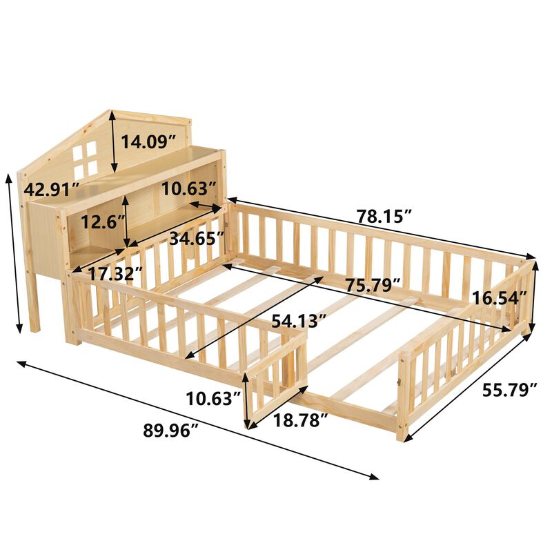 Full-size Montessori Floor Bed with Bookcases and Blackboards, Versatile Platform Beds with Guard rails, Solid Wood Floor Beds with Storage Headboards, Floor Beds for Kids and Teens