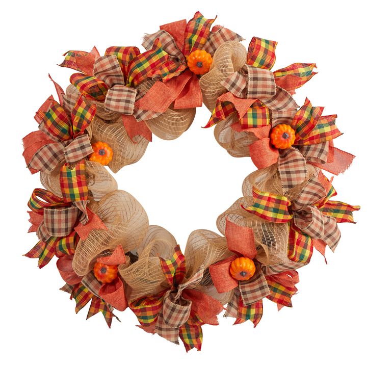 Hivvago 30" Autumn Pumpkin with Decorative Bows Artificial Fall Wreath