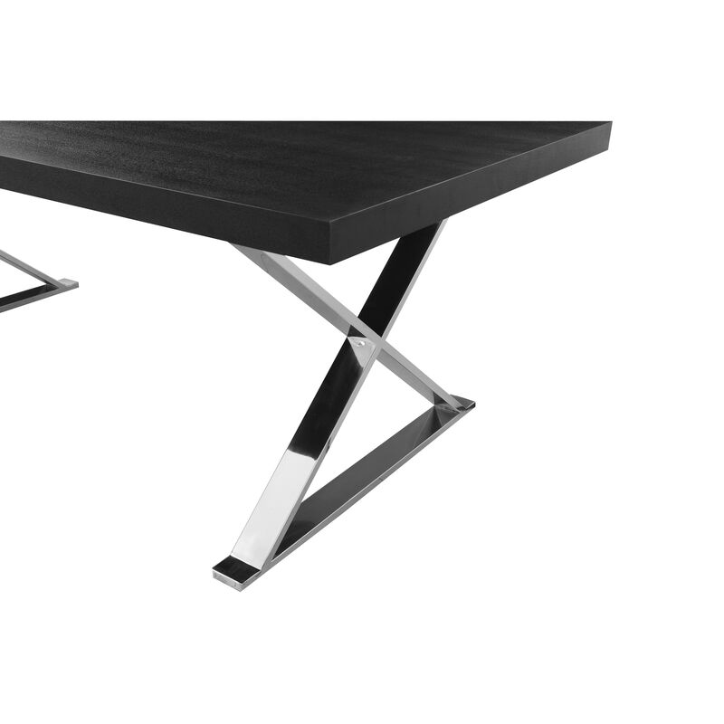 Rix 87 Inch Dining Table, Black Wood Top, X Chrome Finished Steel Legs - Benzara