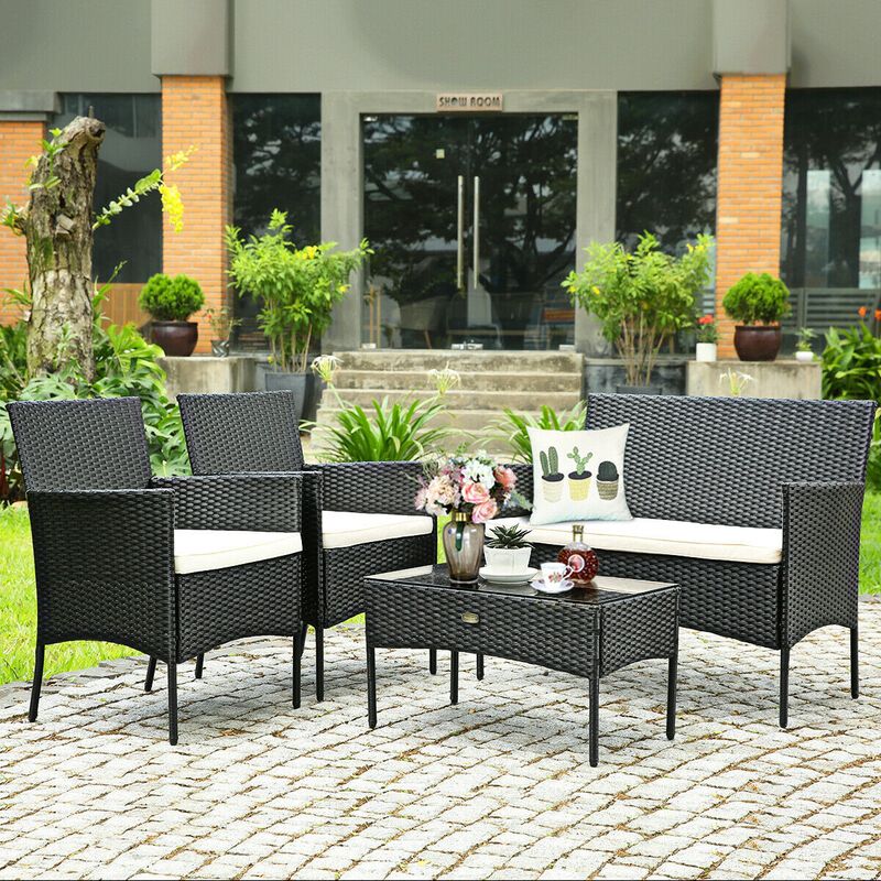 4 Pieces Patio Rattan Cushioned Conversation Sets with Tempered Glass Coffee Table