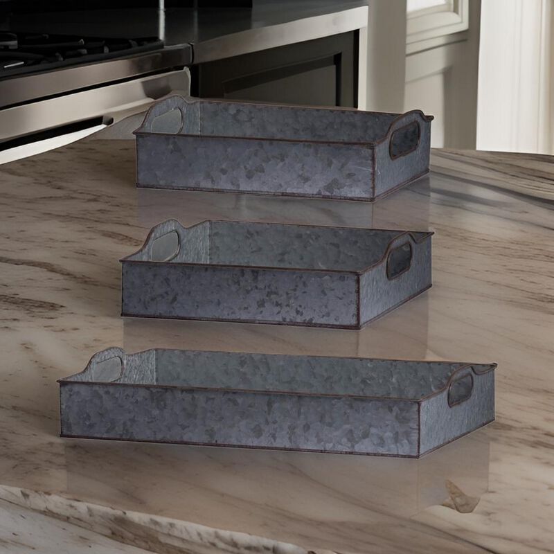 12, 12, 20 Inch Set of 3 Nesting Trays, Rectangular, Galvanized Gray Iron - Benzara