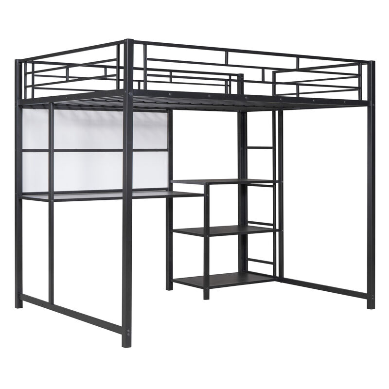 Full Size Loft Bed With Desk And Board, Metal Loft Bed With 3 Shelves And Ladder