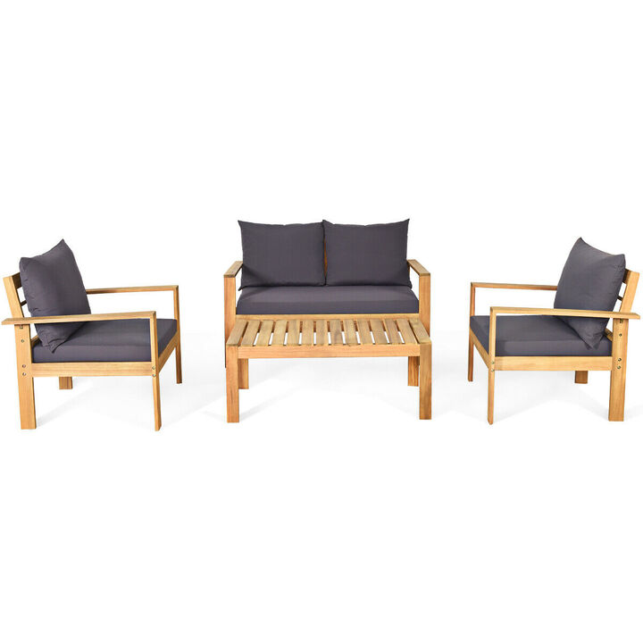 Outdoor 4 Pieces Acacia Wood Conversation Sets with Water Resistant Cushions