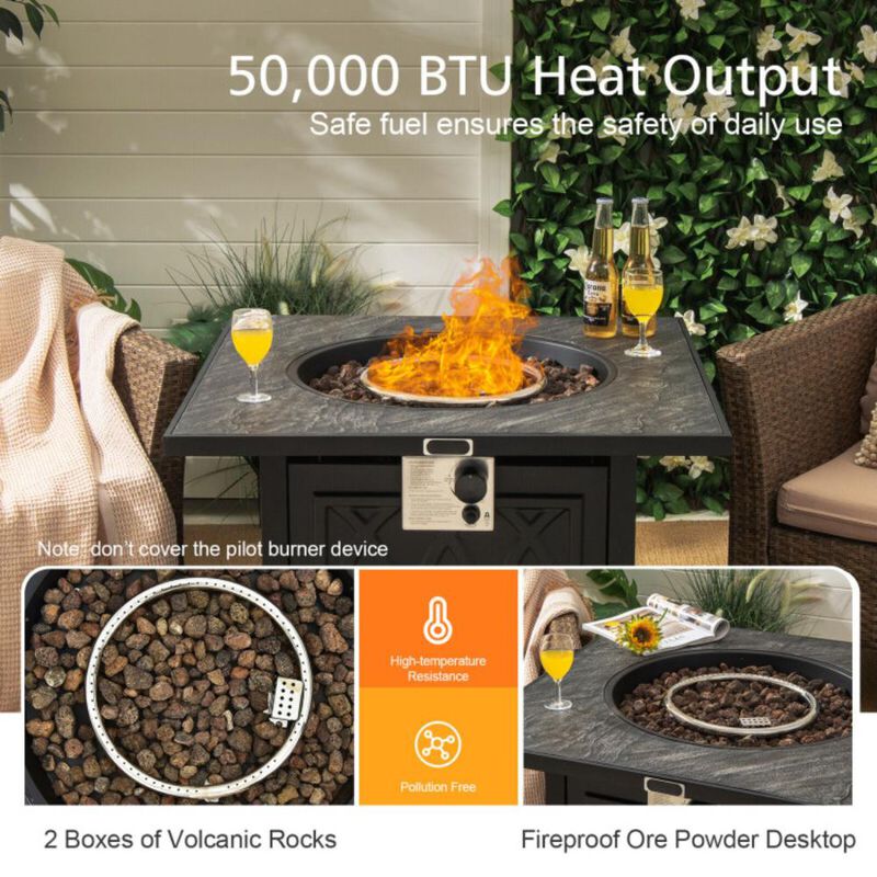 Hivvago 32 Inch Propane Fire Pit Table Square Tabletop with Lava Rocks Cover 50000 BTU-Black