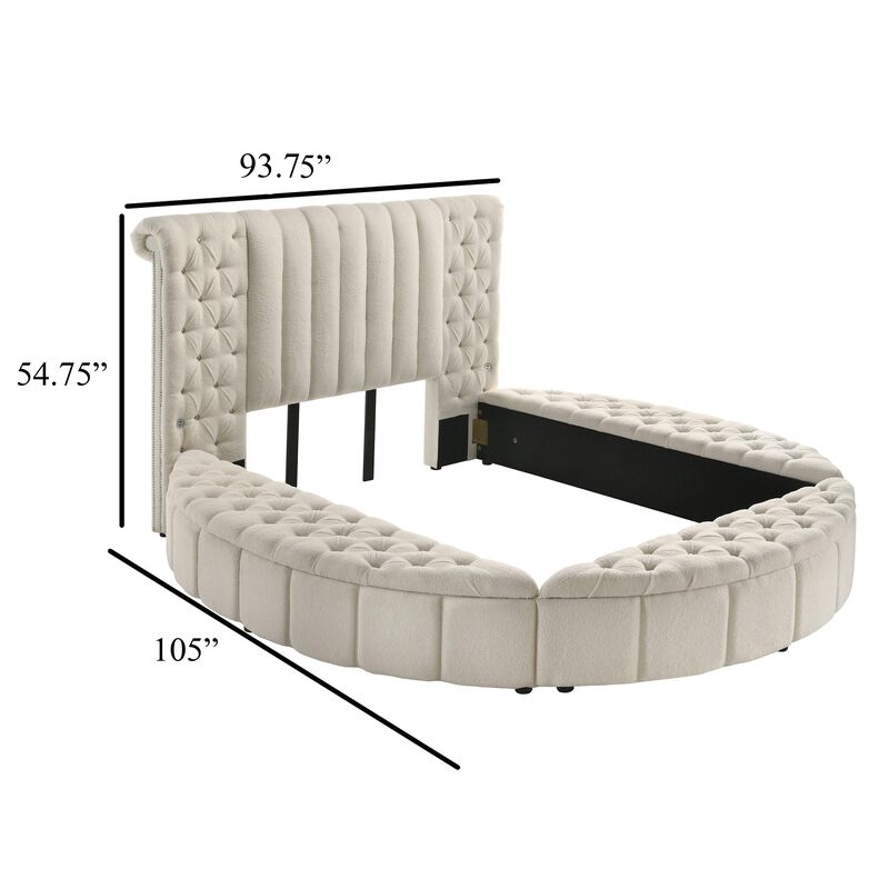 Neya King Round Bed with Storage, Wingback, Ivory Boucle Upholstery - Benzara