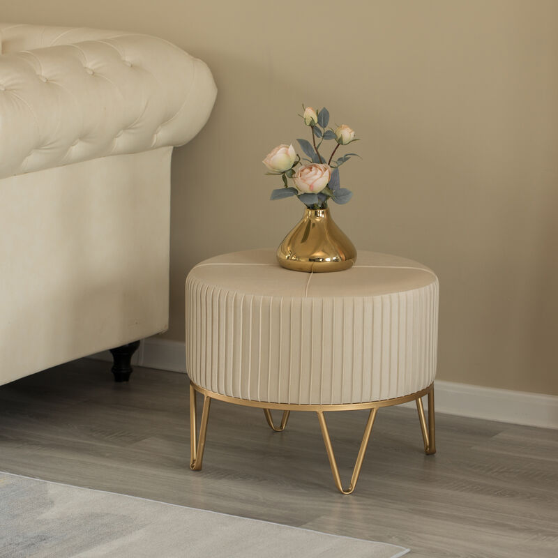 Round Velvet Ottoman Stool Raised with Hairpin Gold Base, Cream, Medium
