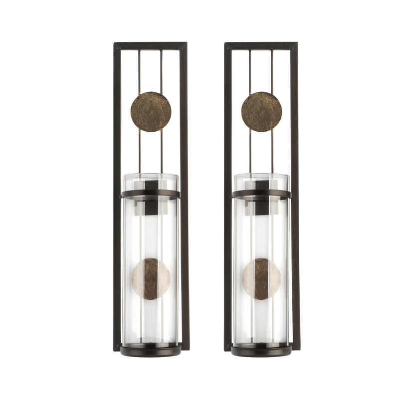 Set of Two Contemporary Metal Wall Sconces With Antique Patina Medallions