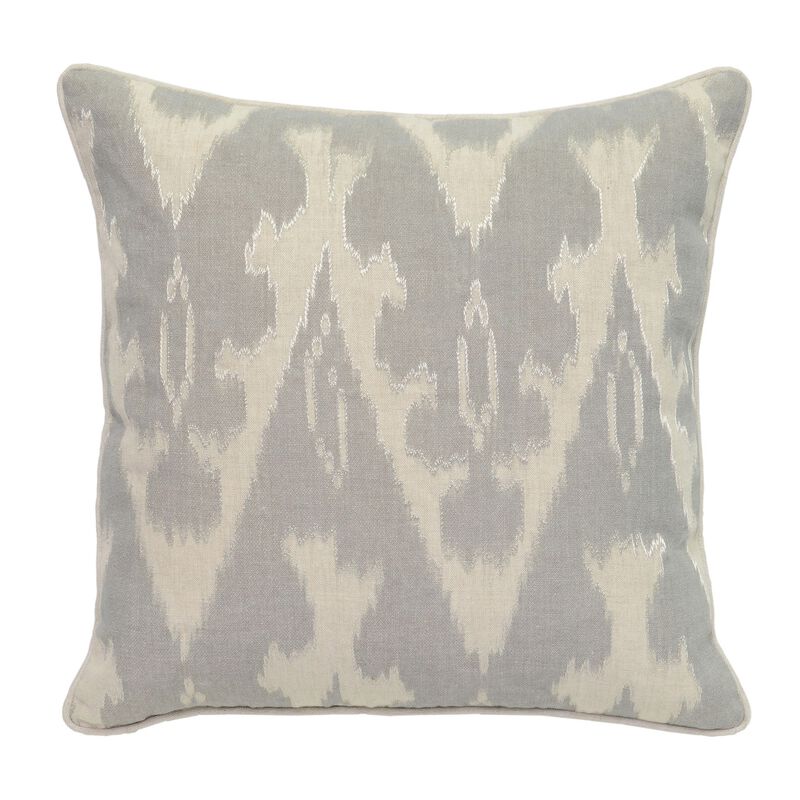 Square Fabric Throw Pillow with Metallic Embroidered Details,Gray and Beige-Benzara