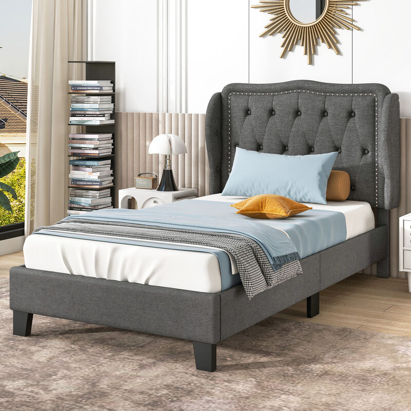 Bed Frame with Button Tufted Wingback Headboard and Storage Space