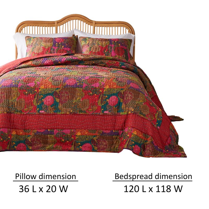 Lewi 3pc King Quilt Set, Kantha Style Dark Red Floral Cotton Microfiber