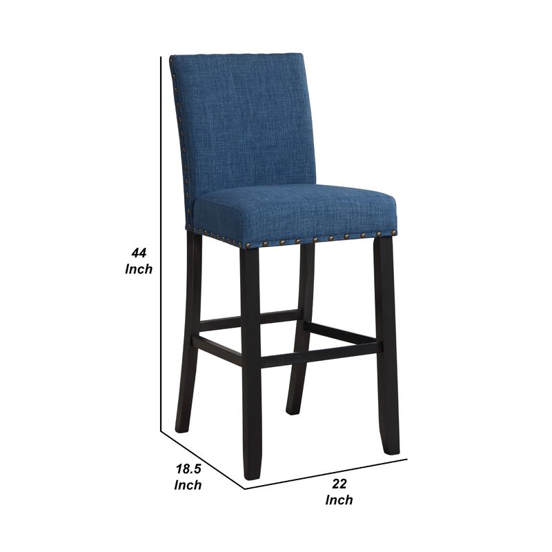 Bar Chair with Fabric Seat and Nailhead Trim, Set of 2, Blue-Benzara