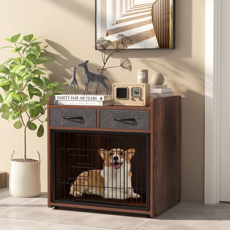 Indoor Dog Crate Furniture with 2 Fabric Drawers and End Table for Pets