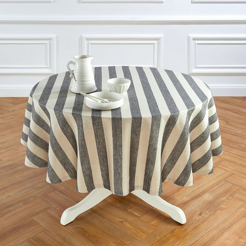 Solino Home 100% Pure Linen Round Tablecloth 70 Inch Diameter | Cabana Stripe