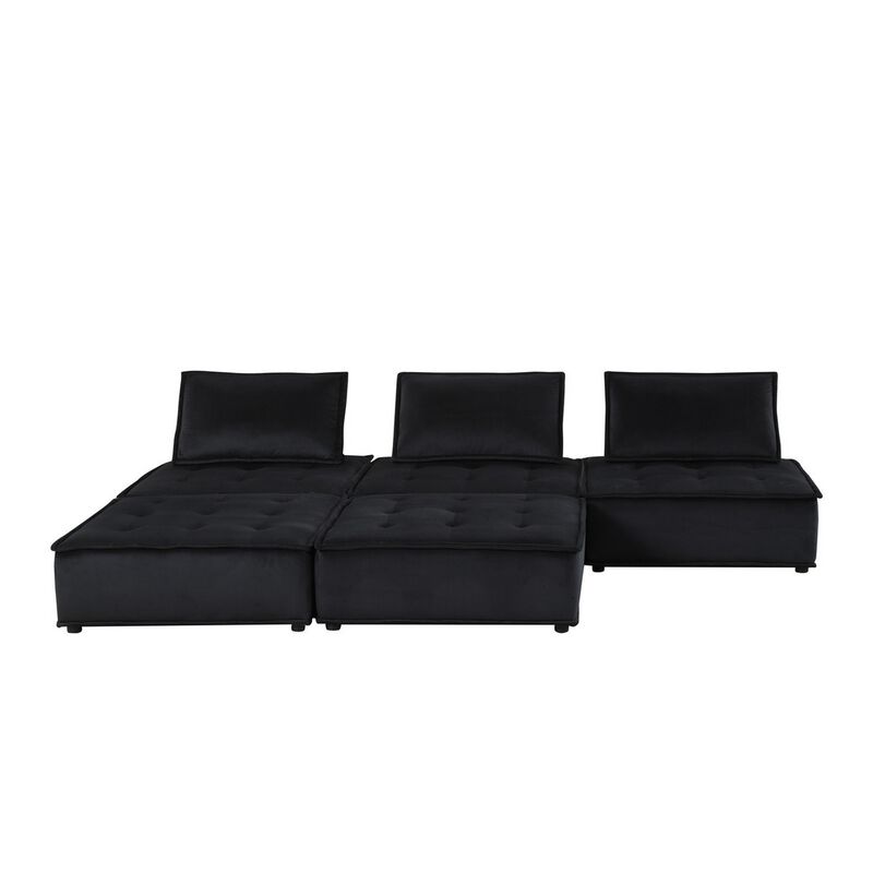 Alaya 120 Inch Tufted 5 Piece Sectional Sofa, Back Cushions, Black Velvet - Benzara