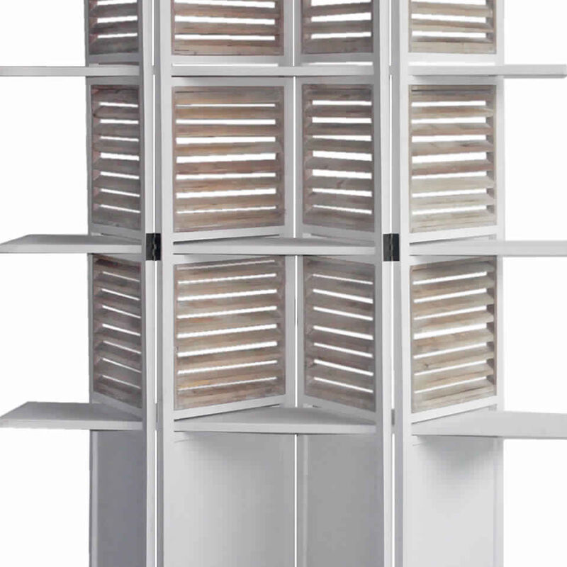 Contemporary 4 Panel Wooden Screen with Art Styled Shutter Design, White - Benzara