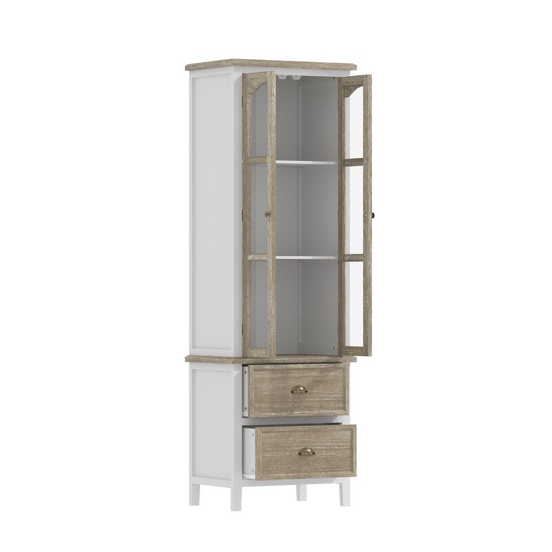 FUFU&GAGA Modern Tall Kitchen Pantry Cabinet with Glass Doors and Drawers for Dining Room Storage, (23.6" W x 73" H x 15.7" D), White & Brown