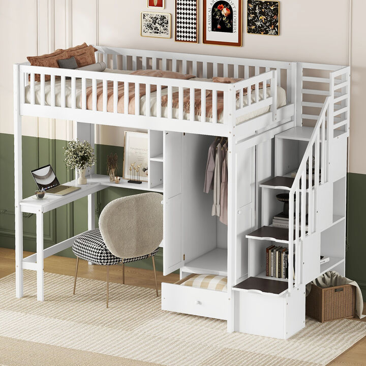 Twin Size Loft Bed With Bookshelf, Drawers, Desk, And Wardrobe White