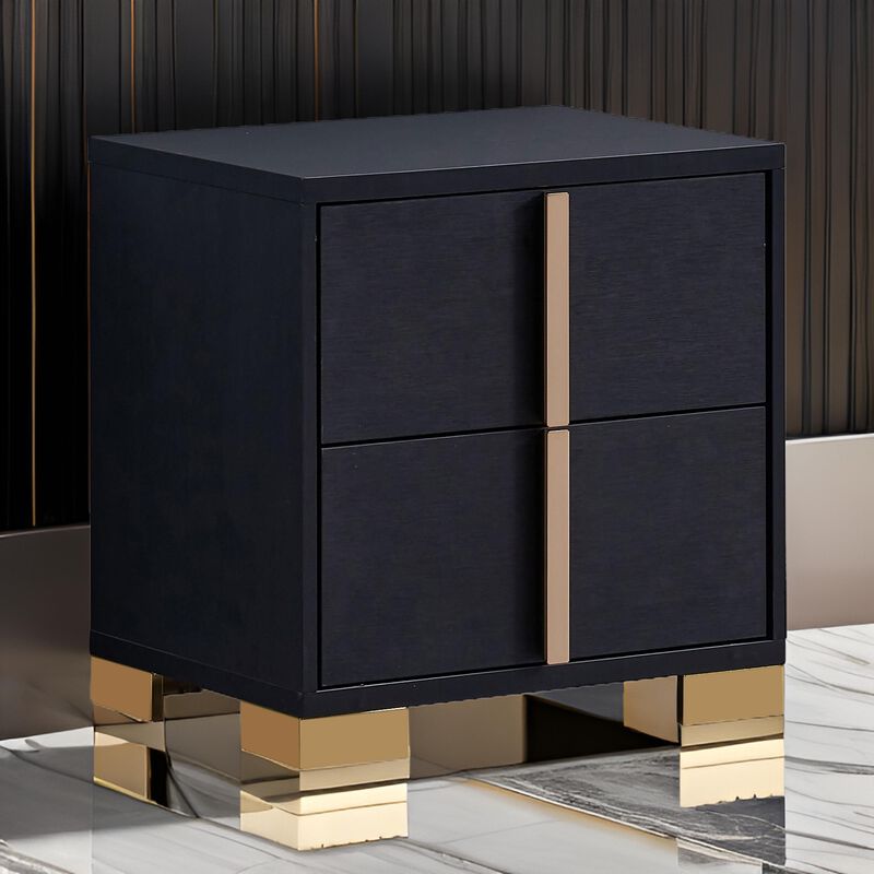 Dex 22 Inch Nightstand, 2 Drawers with Long Vertical Gold Handles, Black - Benzara