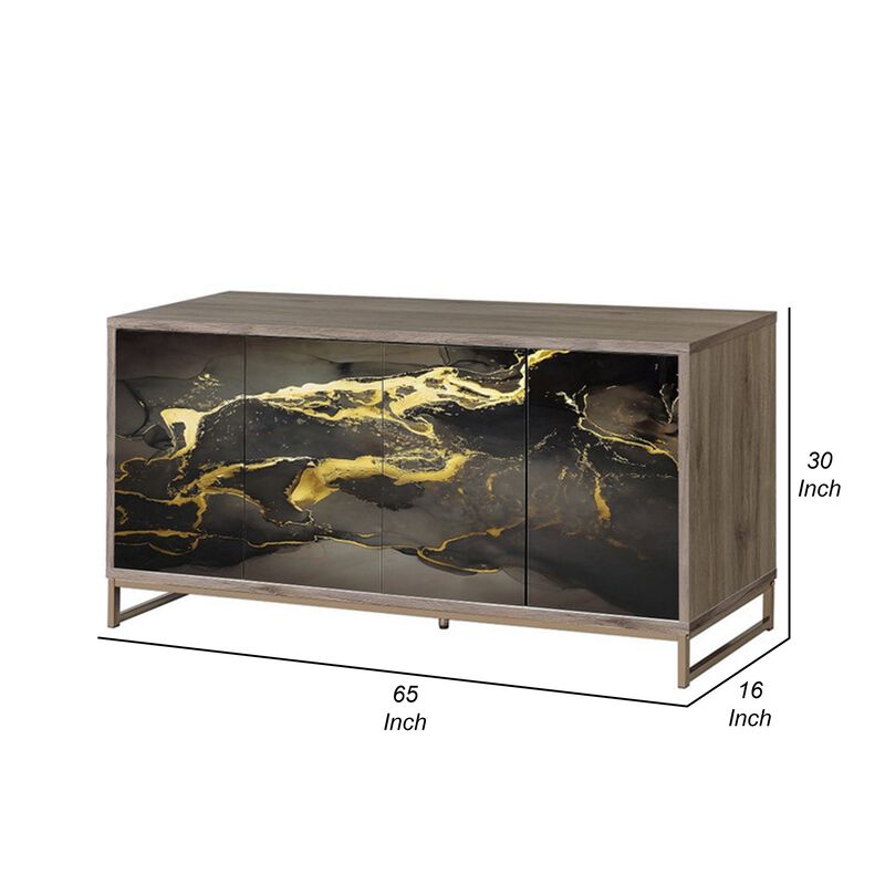 Loila Sideboard Console Cabinet, Black Marble Look, Brown Wood 65 Inch - Benzara