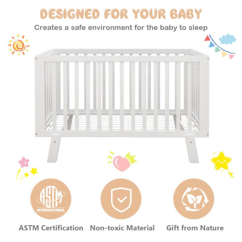 Hivvago Rubber Wood Baby Crib with Adjustable Mattress Heights and Guardrails-White