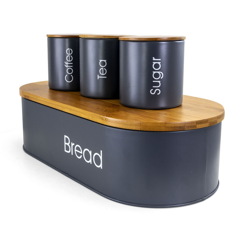 MegaChef Bamboo Kitchen Countertop 4 Piece Metal Bread Basket and Canister Set in Gray with Lids
