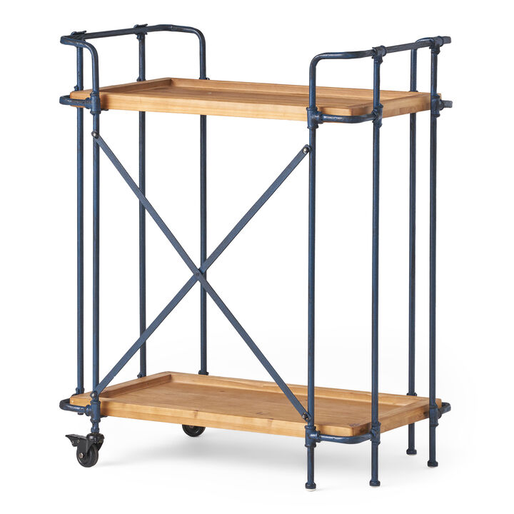 Rustic Firwood Bar Cart with Iron Frame and Rolling Wheels for Home Use
