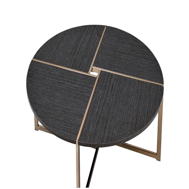 Coffee Table with X Shaped Metal Base and Round Wooden Top, Gold and Gray-Benzara