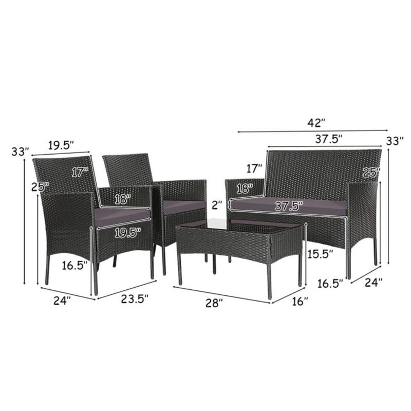 Hivvago 4 Pieces Patio Rattan Cushioned Sofa Set with Tempered Glass Coffee Table