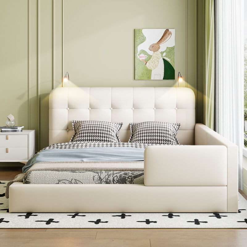 Merax PU Leather Upholstered Platform Bed with 2 Reading Lights
