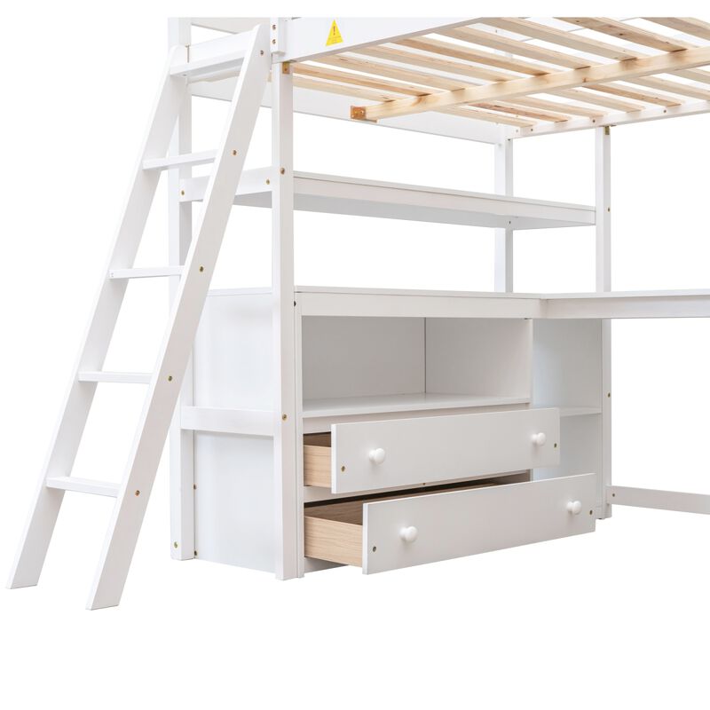 Full Size Loft Bed With Desk And Shelves, Two Built-In Drawers