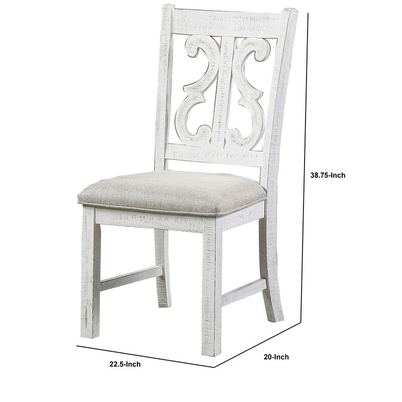 Open Scroll Back Wooden Side Chair with Padded Seat, Set of 2, White - Benzara