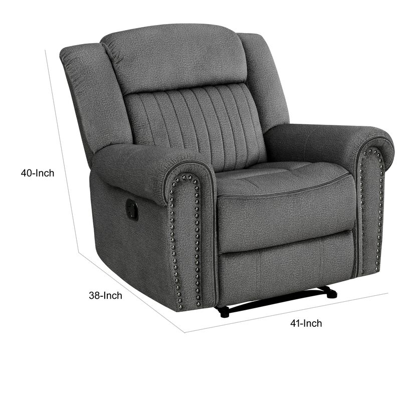 Ben 38 Inch Manual Recliner Chair, Gray Microfiber, Plush Foam, Solid Wood - Benzara