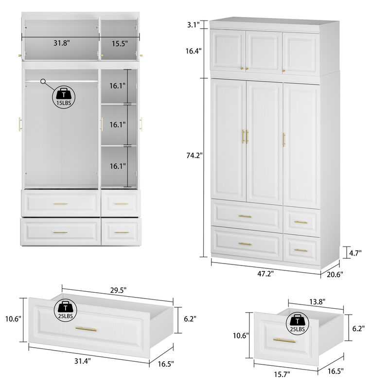 White 6-Door Big Wardrobe Armoires with Hanging Rod, 4-Drawers, Storage Shelves 93.7 in. H x 47.2 in. W x 20.6 in. D