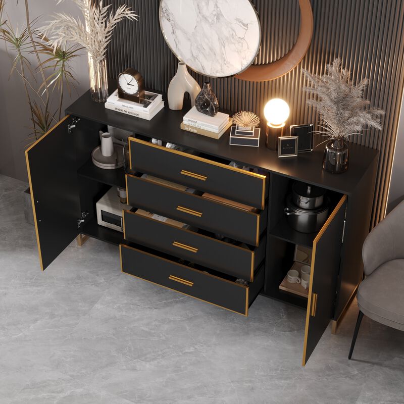 FUFU&GAGA Modern 4-Drawer Storage Cabinet with Gold Accents, Adjustable Shelves, Black Finish (63" W x 36.6" H x 15.7" D),Black