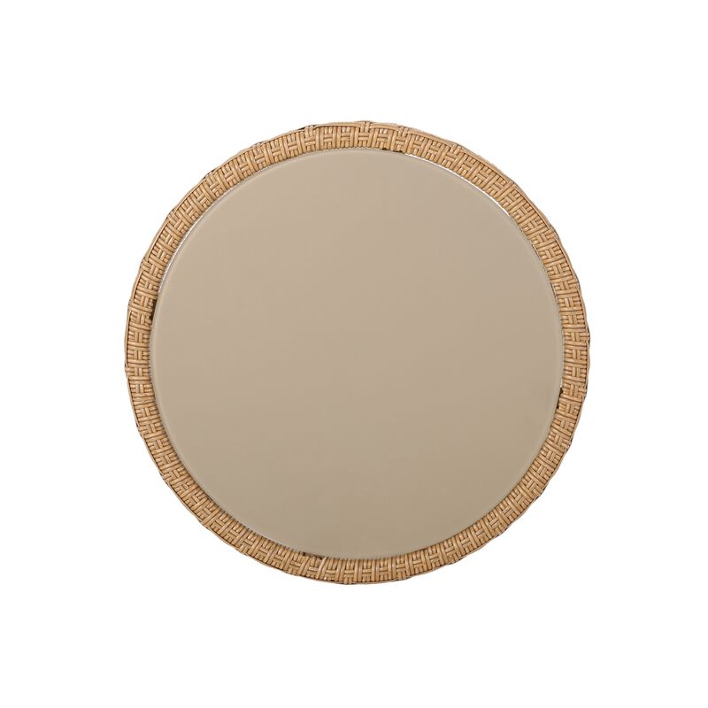 Round Side Table, 18 Inch Tempered Glass Top, Steel, Brown Faux Rattan - Benzara