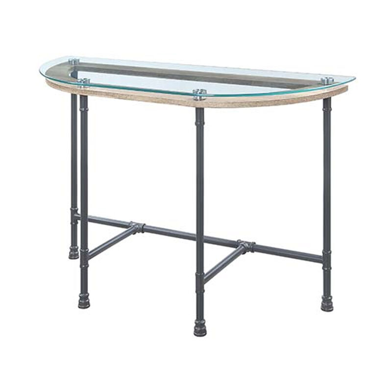 Wood Side Table, Oval Tempered Glass Top, Metal Pipe Style Legs, Clear Glass, Sandy Gray-Benzara