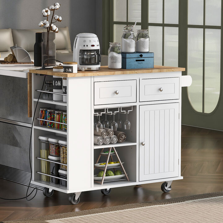 Streamdale Kitchen Island with Power Outlet and Drop Leaf, White